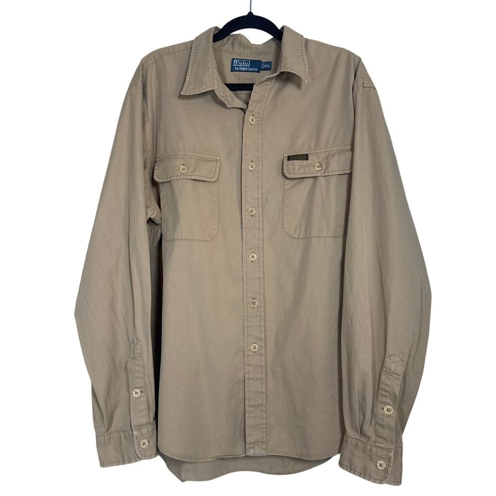 Vintage Polo Ralph Lauren Utility Workwear Shirt Mens 2XL XXL Khaki Button Down